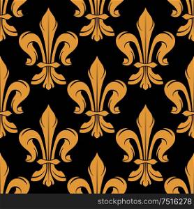 Black and golden seamless fleur-de-lis pattern of royal heraldic lily flowers adorned by swirls and leaf scrolls. Nice for gothic background, textile or wallpaper design usage. Black and golden fleur-de-lis pattern