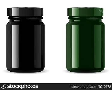 Black and green medicine bottle mockup. Cosmetic packaging container blank realistic 3d Illustration design. Medical drug container. Aronatherapy or essence flacon. Treatment vial. Medicine Bottle Mockup. Cosmetic Packaging
