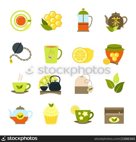 Black and green tea drink icons set with lemon honey teabag isolated vector illustration. Tea Icons Set