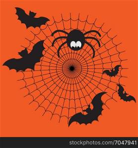 Black and orange vector cartoon isolated spider web with funny spider, flying bats. Simple image with cobweb for halloween background.. Black and orange vector cartoon isolated spider web with funny spider, flying bats. Simple image with cobweb for halloween party.