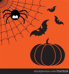 Black and orange vector cartoon isolated spider web with funny spider, flying bats and pumpkin. Simple image with cobweb for halloween party.