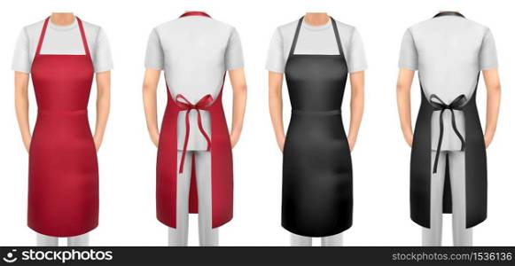 Black and red cotton kitchen apron set. Design template, mock up for branding, advertising etc. Vector illustration.