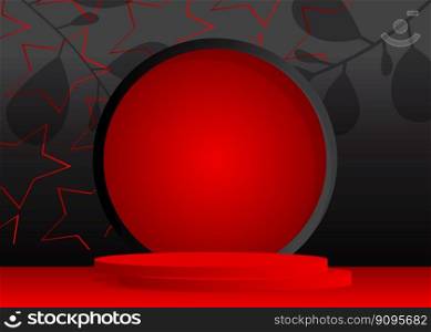 Black and red pedestal podium. Futuristic stage showcase for presentation. Sci-fi minimal mockup product display. Abstract geometric forms, empty scene.