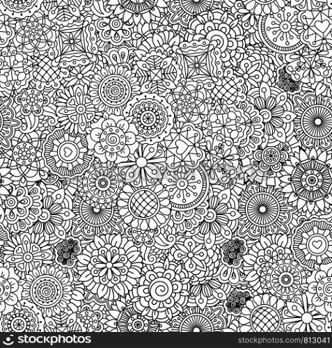 Black and while outline ormanental flowers pattern, vector illustration. Hand drawn floral texture, coloring page. Outline ormanental flowers pattern