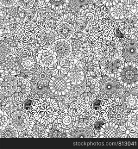Black and while outline ormanental flowers pattern, vector illustration. Hand drawn floral texture, coloring page. Outline ormanental flowers pattern