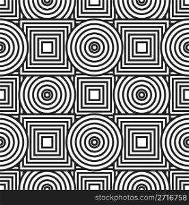 Black-and-white abstract background with circles and squares. Seamless pattern. Vector illustration.