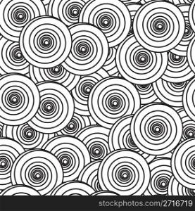 Black-and-white abstract background with spiral circles. Seamless pattern. Vector illustration.