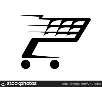 Black and white abstract illustration of a shopping cart moving fast, isolated on white background