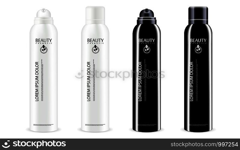 Black and white aerosol spray metal bottles set with or without lid. Deodorant antiperspirant or cosmetic hairspray can template. Vector package illustration isolated on white background.. Black and white aerosol spray metal bottles set