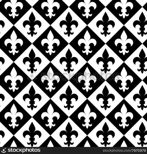 Black and white alternating Fleur-de-lis on diamonds.Seamless stylish geometric background. Modern abstract pattern. Flat monochrome design.