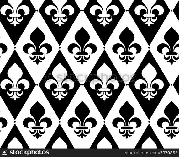 Black and white alternating Fleur-de-lis on diamonds with dots.Seamless stylish geometric background. Modern abstract pattern. Flat monochrome design.