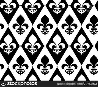 Black and white alternating Fleur-de-lis on diamonds with dots.Seamless stylish geometric background. Modern abstract pattern. Flat monochrome design.