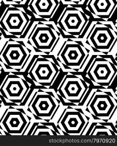Black and white alternating squares cut through hexagons.Seamless stylish geometric background. Modern abstract pattern. Flat monochrome design.