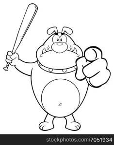 Black And White Angry Bulldog Cartoon Mascot Character Holding A Bat And Pointing. Illustration Isolated On White Background