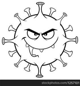 Black And White Angry Coronavirus (2019-nCoV) Cartoon Character of Pathogenic Bacteria. Vector Illustration Isolated On White Background