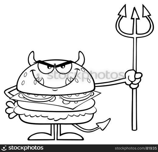 Black And White Angry Devil Burger Cartoon Character Holding A Trident