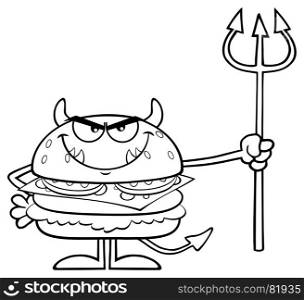 Black And White Angry Devil Burger Cartoon Character Holding A Trident