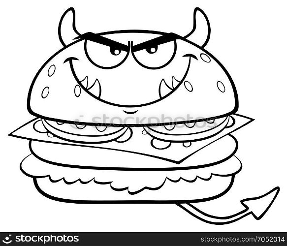 Black And White Angry Devil Burger Cartoon Mascot Character. Illustration Isolated On White Background