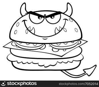Black And White Angry Devil Burger Cartoon Mascot Character. Illustration Isolated On White Background