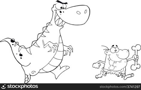 Black and White Angry Dinosaur Chasing A Caveman