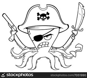 Black And White Angry Pirate Octopus Cartoon Mascot Character With A Sword Gun And Hook. Illustration Isolated On White Background