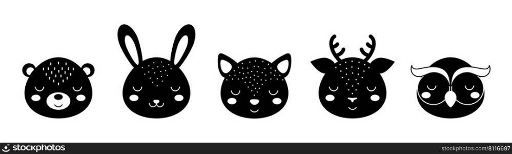 Black and white animal heads set of bear, hare, fox, deer, owl. Animal faces in scandinavian style. Desing for kids t-shirts, wear, nursery decoration, greeting cards, other.