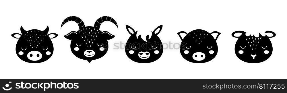 Black and white animal heads set of cow, goat, horse, pig, sheep. Animal faces in scandinavian style. Desing for kids t-shirts, wear, nursery decoration, greeting cards, other.