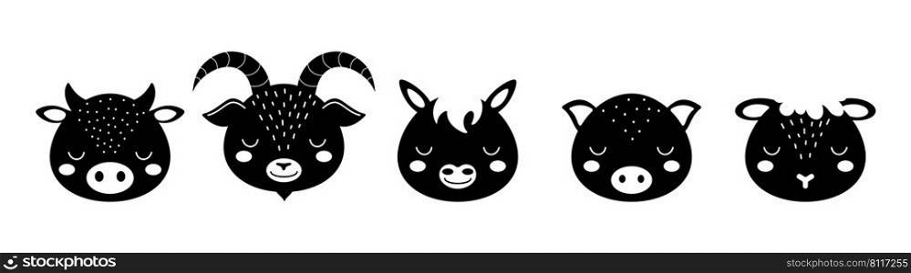 Black and white animal heads set of cow, goat, horse, pig, sheep. Animal faces in scandinavian style. Desing for kids t-shirts, wear, nursery decoration, greeting cards, other.