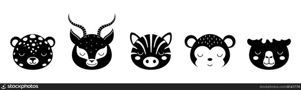 Black and white animal heads set of jaguar, gazelle, zebra, monkey, camel. Animal faces in scandinavian style. Desing for kids t-shirts, wear, nursery decoration, greeting cards, other.