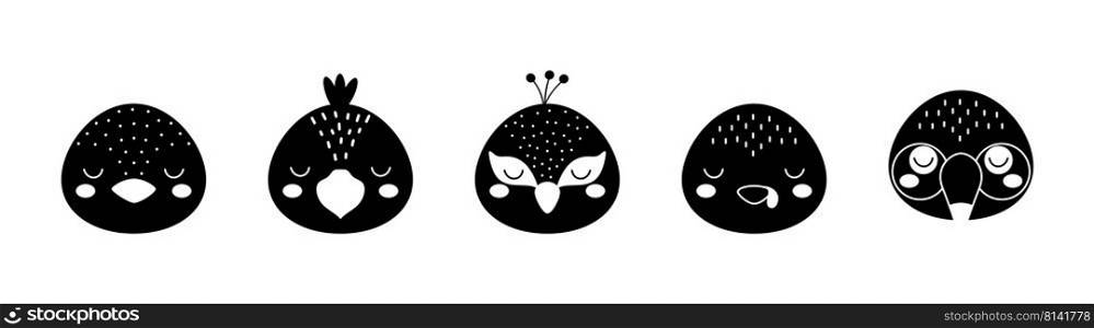 Black and white animal heads set of penguin, raven, peacock, turkey, toucan. Animal faces in scandinavian style. Desing for kids t-shirts, wear, nursery decoration, greeting cards, other.