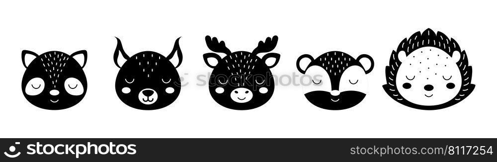 Black and white animal heads set of raccoon, squirrel, moose, badger, hedgehog. Animal faces in scandinavian style. Desing for kids t-shirts, wear, nursery decoration, greeting cards, other.