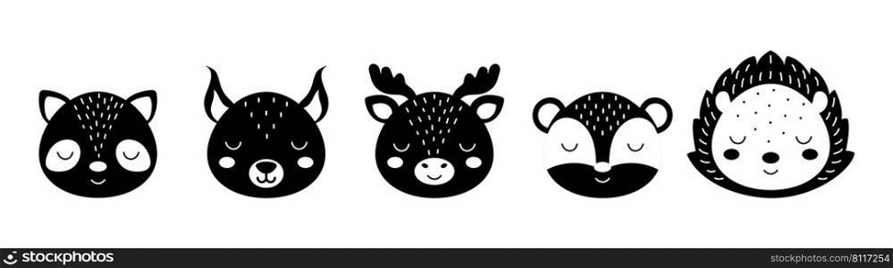 Black and white animal heads set of raccoon, squirrel, moose, badger, hedgehog. Animal faces in scandinavian style. Desing for kids t-shirts, wear, nursery decoration, greeting cards, other.