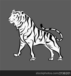 Black and white animal illustration. Tiger hand-drawn style. isolated on grey background, illustration of a Tigre gracefully filed. for design year of the tiger, year of the zodiac, Chinese new year.