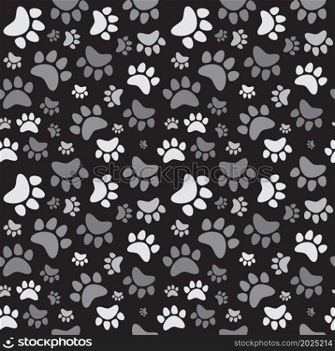Black and white animal track, cat, dog paw seamless pattern. Vector illustration.