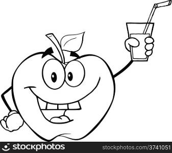 Black And White Apple Cartoon Character Holding A Glass With Drink