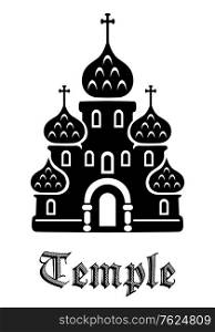 Black and white architectural icon of a Temple with tiered ornate onion domes and a cross on top with the word - Temple - below. Temple icon