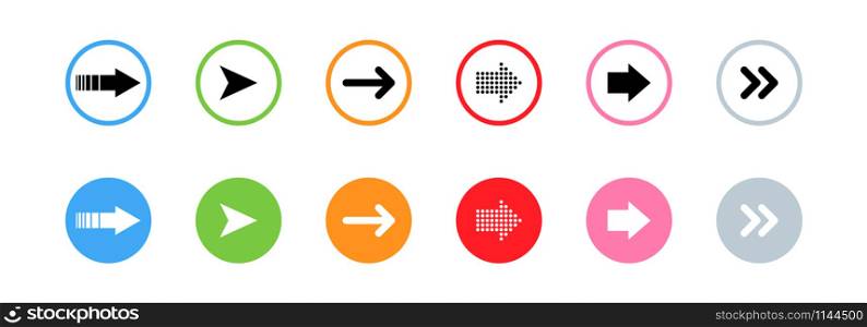 Black and White Arrows in colorful circles. Arrows isolated on white background. Arrow icons. Arrows in modern simple flat design. Minimalistic panorama view. Vector illustration