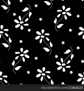 Black and white background of daisies and stars. Vector seamless pattern. For fabric, baby clothes, background, textile, wrapping paper and other decoration.