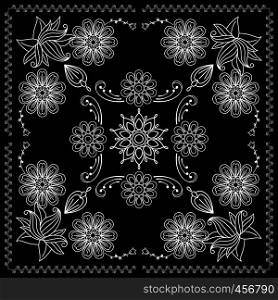 Black and White Bandana Print With Elements Henna Style. Vector illustration. Bandana Print With Black and White Elements