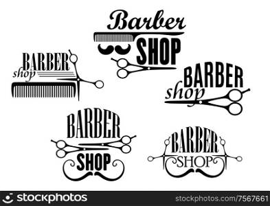 Black and white Barber Shop badges or signs with text decorated with moustaches, scissors and a comb. Vector illustration