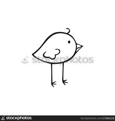 Black and white bird on a white background. Children&rsquo;s cartoon Doodle character. Vector contour illustration. Logo, icon, and postcard design element