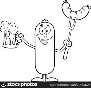 Black And White Black And White Happy Sausage Cartoon Character Holding A Beer And Weenie On A Fork