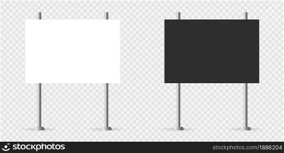Black and white blank boards. Realistic advertising banner. Highway road traffic sign. Empty billboard isolated on transparent background. Vector illustration.