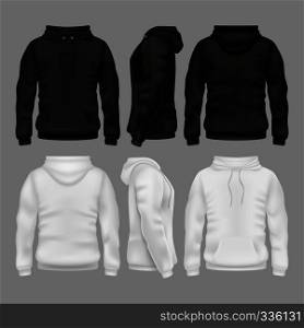 Black and white blank sweatshirt hoodie vector templates. Illustration of sweatshirt with hoodie. Black and white blank sweatshirt hoodie vector templates