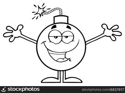 Black And White Bomb Cartoon Mascot Character With Open Arms For Hugging. Illustration Isolated On White Background