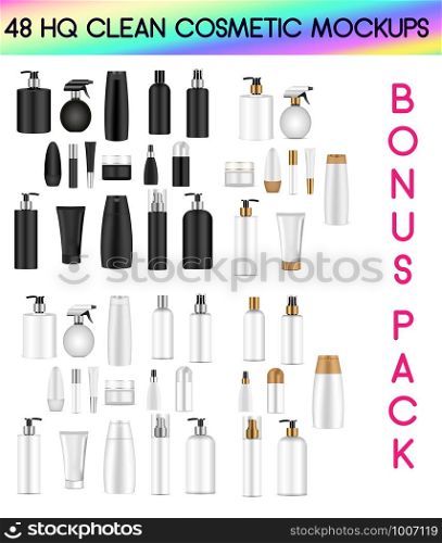 Black and White bottle mockup set. Vector illustration blank templates of empty clean black and white plastic jars: bottles with spray, dispenser and dropper, cream jar, shampoo, lotion, soap, tube. . Plastic bottle, spray, dispenser, dropper, jar
