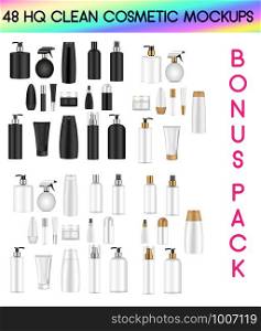 Black and White bottle mockup set. Vector illustration blank templates of empty clean black and white plastic jars: bottles with spray, dispenser and dropper, cream jar, shampoo, lotion, soap, tube. . Plastic bottle, spray, dispenser, dropper, jar