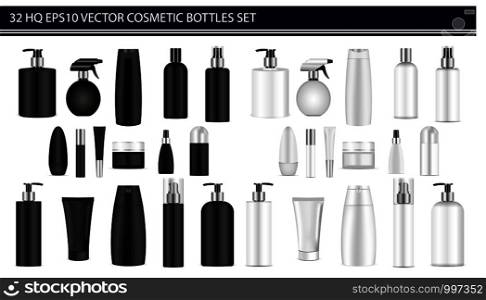 Black and White bottle mockup set. Vector illustration blank templates of empty clean black and white plastic jars: bottles with spray, dispenser and dropper, cream jar, shampoo, lotion, soap, tube. . Black and White Cosmetic bottle mockup set. Vector
