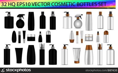 Black and White bottle mockup set. Vector illustration blank templates of empty clean black and white plastic jars: bottles with spray, dispenser and dropper, cream jar, shampoo, lotion, soap, tube. . Bottle mockup set. Plastic jar spray, dispenser