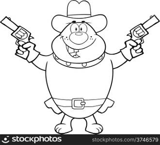 Black And White Bulldog Cowboy Cartoon Character Holding Up Two Revolvers